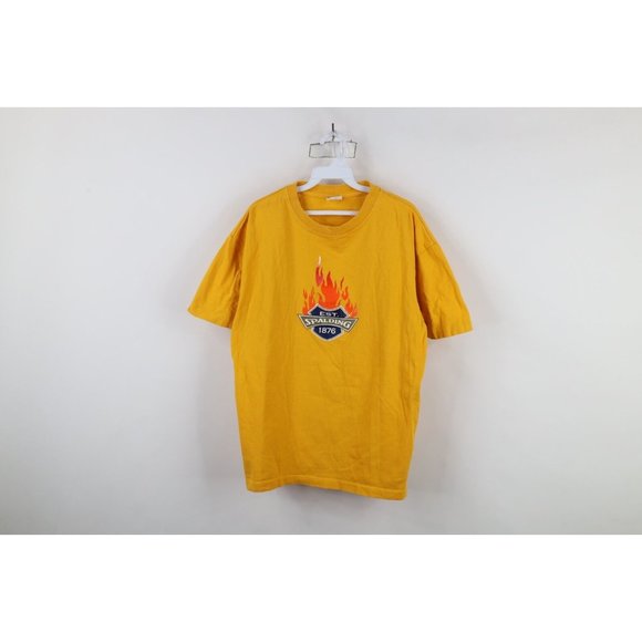 Vtg 90s Spalding Mens Large Spell Out Fire Flames Short Sleeve T-Shirt Yellow - Picture 1 of 12